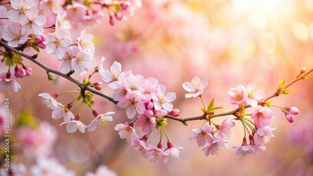 A delicate and elegant arrangement of cherry tree branches with soft pink flowers, set against a warm spring background , cherry blossoms, outdoor setting A delicate and elegant arrangement of cherry tree branches with soft pink flowers, set against a warm spring background , cherry blossoms, outdoor setting