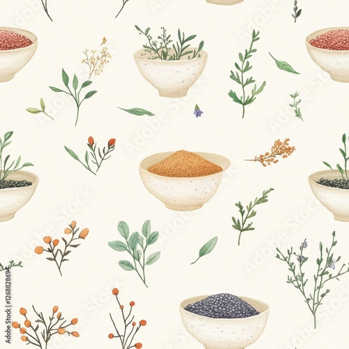 Fototapeta Naklejka Na Ścianę i Meble -  Gentle doodle cartoon drawings of bowls with colorful spices and herbs on light background