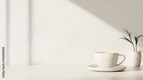 Wallpaper Mural Minimalist coffee cup and plant on warm flat white background in a serene indoor setting during daylight hours Torontodigital.ca