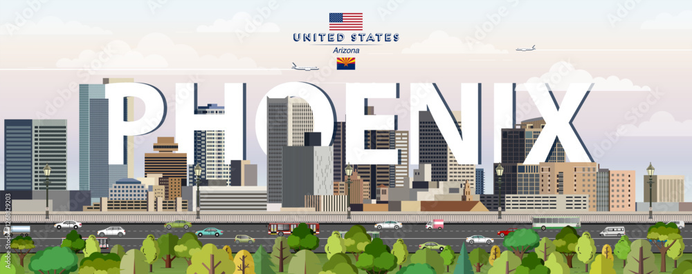 Phoenix city skyline colorful vector illustration. Travel poster