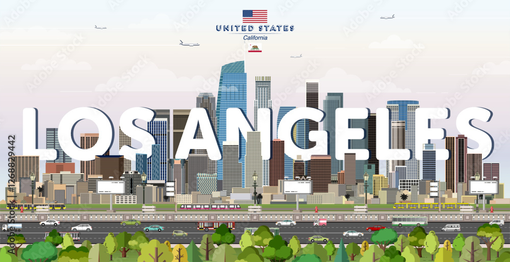 Los Angeles city skyline colorful vector illustration. Travel poster