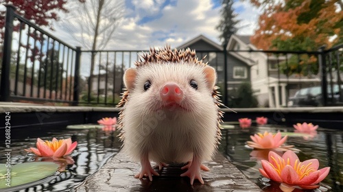 Adorable Hedgehog by a Pond with Water Lilies