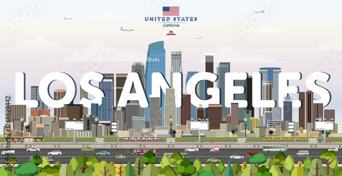 Obraz na płótnie Los Angeles city skyline colorful vector illustration. Travel poster w salonie