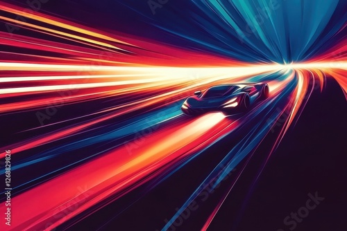Sleek dark car speeding forward amidst vibrant colorful light streaks