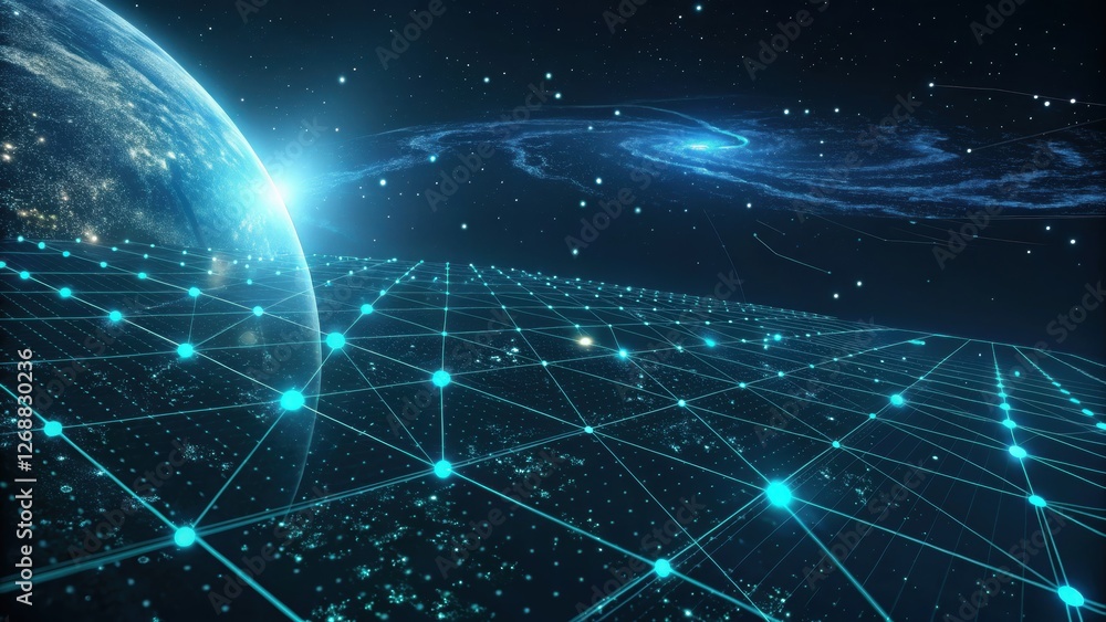 Futuristic cybernetic network with glowing blue data points and thin neon lines in deep space. Ideal for AI, cybersecurity, blockchain, and advanced digital grid concepts Futuristic cybernetic network with glowing blue data points and thin neon lines in deep space. Ideal for AI, cybersecurity, blockchain, and advanced digital grid concepts