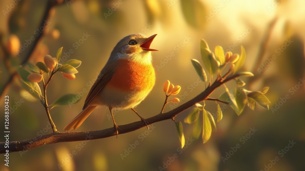 Robin singing on a budding branch during golden hour in a tranquil garden setting Robin singing on a budding branch during golden hour in a tranquil garden setting