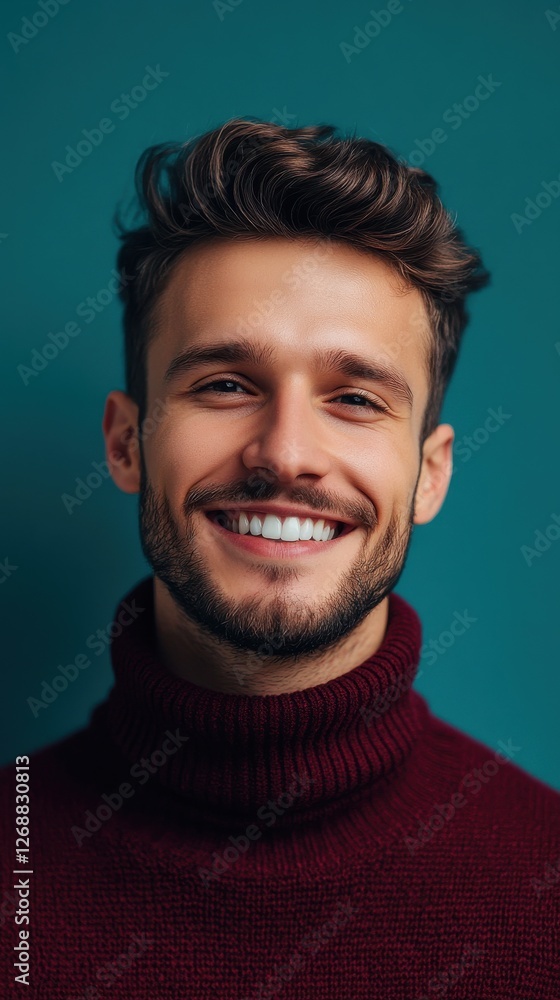 Confident young man smiling in a turtleneck sweater against a teal wall background during the day Confident young man smiling in a turtleneck sweater against a teal wall background during the day