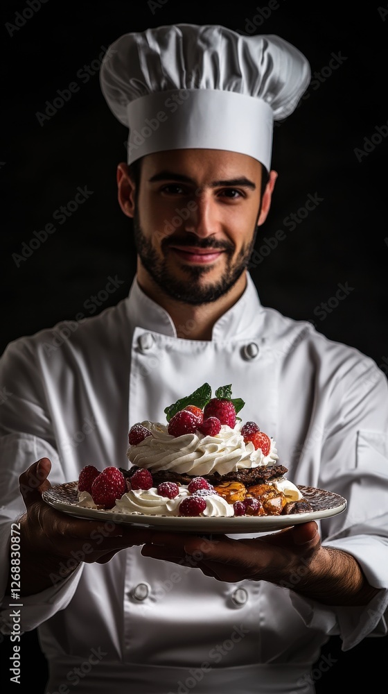 Portrait of a smiling chef presenting an exquisite dessert with raspberries and cream in a dimly lit kitchen Portrait of a smiling chef presenting an exquisite dessert with raspberries and cream in a dimly lit kitchen