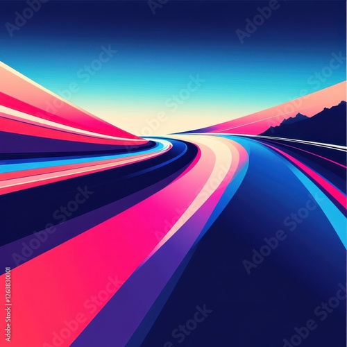 Abstract road illustration with vibrant pinks blues and gradients
