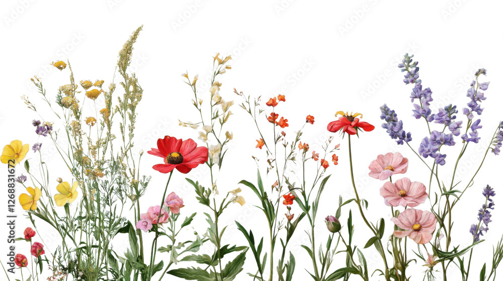 Fototapeta premium Colorful wildflowers blooming on transparent background
