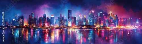Vibrant city skyline with colorful reflections at night showcasing urban life and architecture by the water