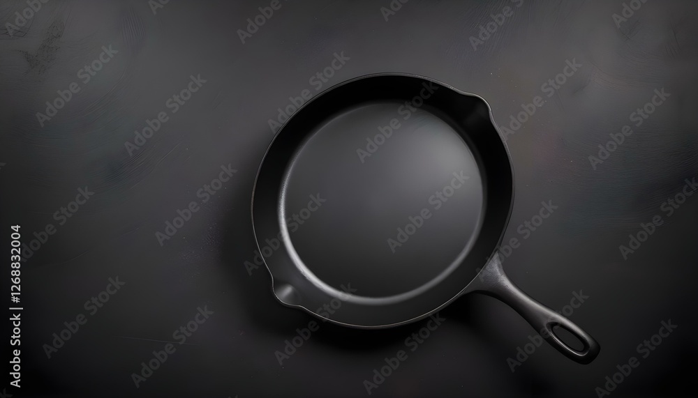 Empty cast iron frying pan on dark culinary background, view from above. Food background with free space for text Empty cast iron frying pan on dark culinary background, view from above. Food background with free space for text