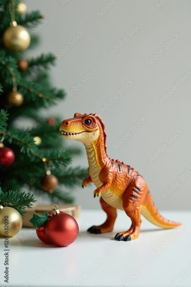 Naklejka premium Prehistoric creature figurine on Christmas tree, tree, white