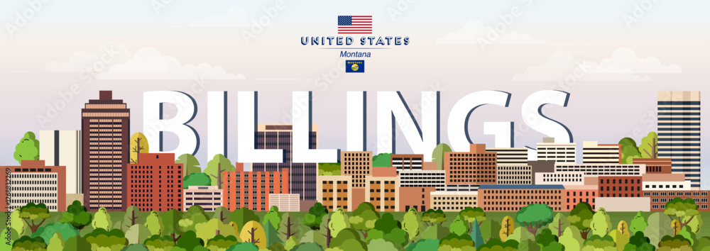 Billings city skyline colorful vector illustration. Travel poster