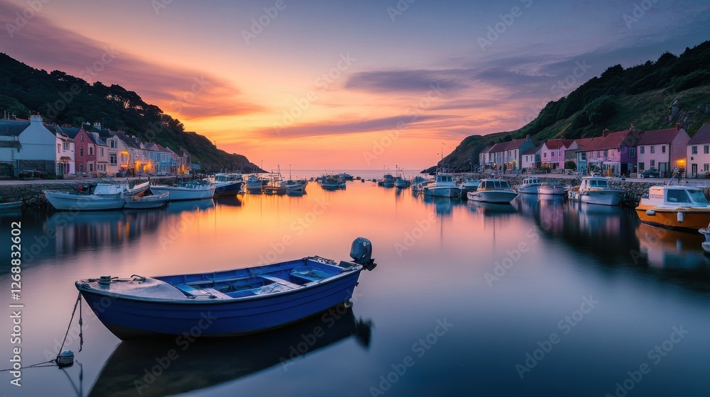 Fototapeta premium Serene coastal village awakens at sunrise with tranquil waters reflecting colorful homes