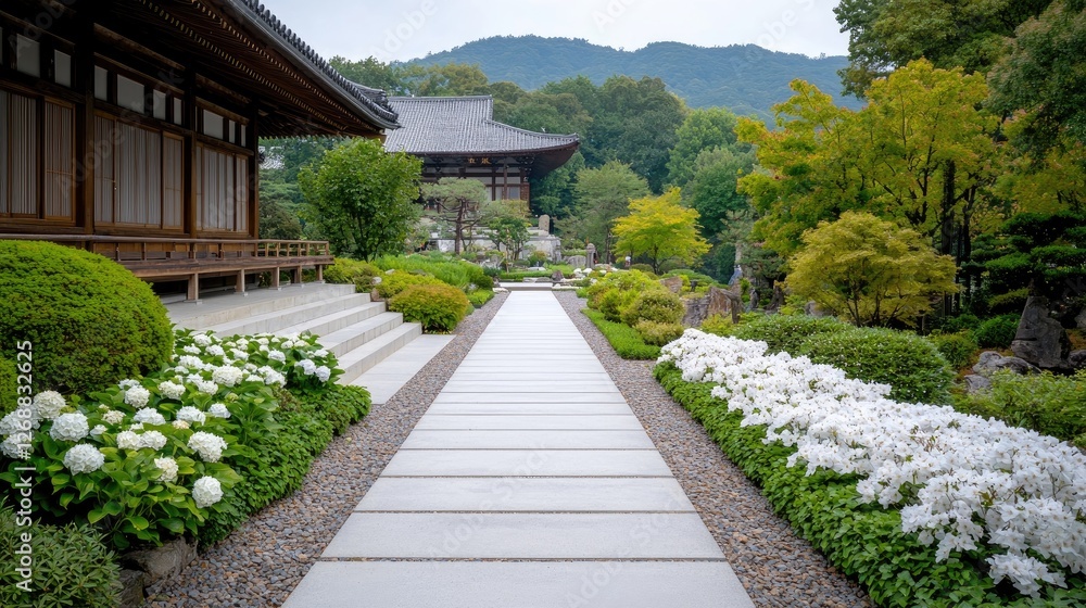 Serene Japanese temple garden path, mountains backdrop, peaceful meditation Serene Japanese temple garden path, mountains backdrop, peaceful meditation