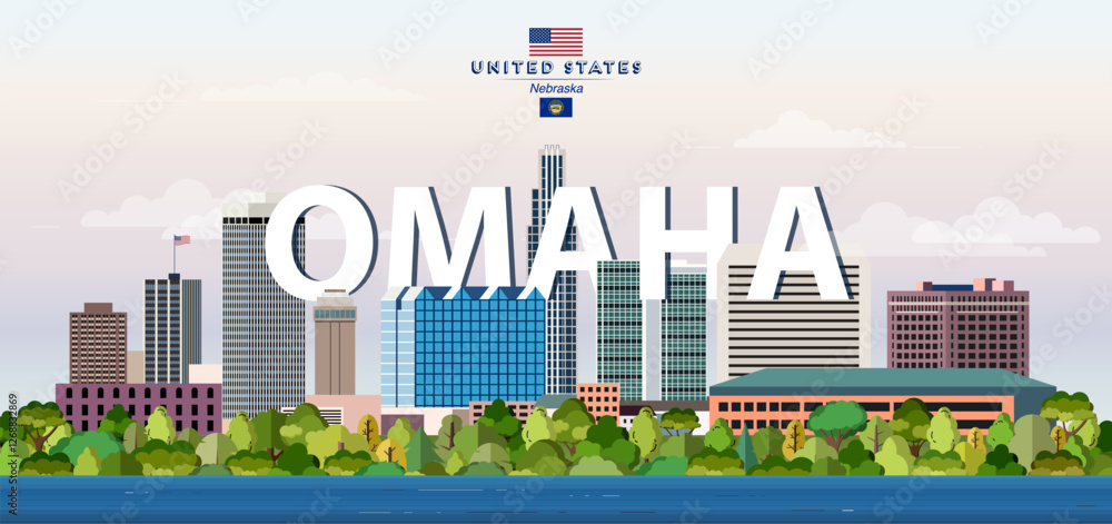 Omaha city skyline colorful vector illustration. Travel poster