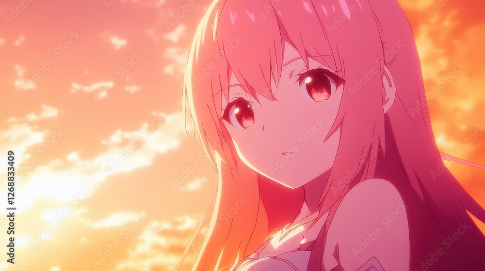 Beauty of pastel gradients during sunset with a serene character gazing into the distance in a minimalistic style Beauty of pastel gradients during sunset with a serene character gazing into the distance in a minimalistic style
