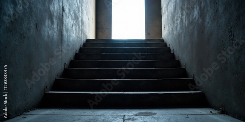 A shadowy concrete staircase ascends towards a bright, unseen exit, symbolizing a journey of hope and transformation in an otherwise austere environment. photo