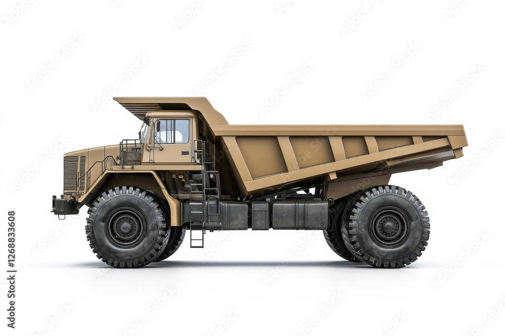 Beige dump truck, side view, studio, isolated, construction Beige dump truck, side view, studio, isolated, construction