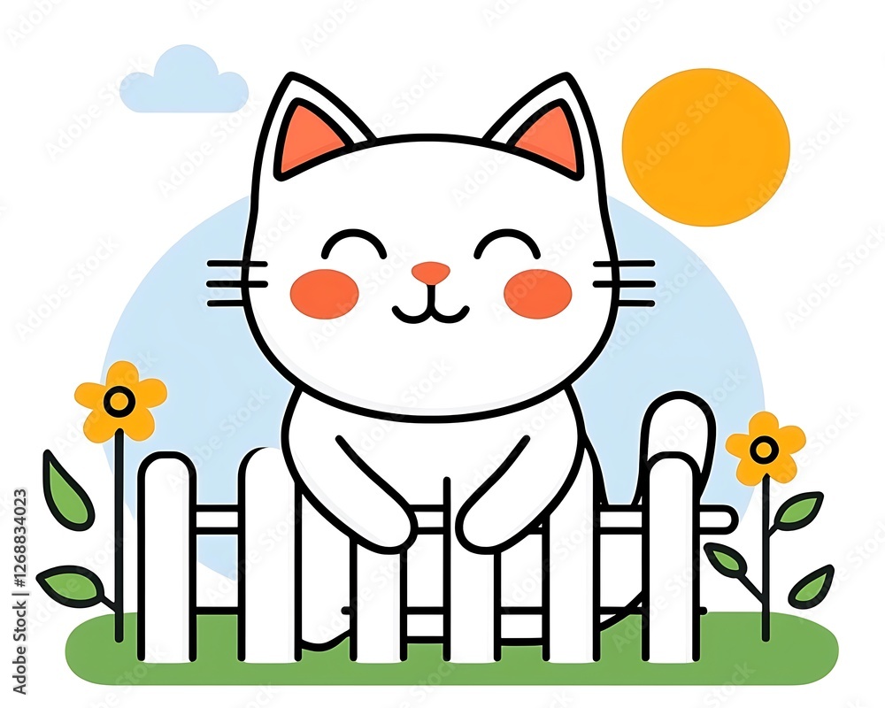 Fototapeta premium Cheerful Cat Sitting on Fence in Bright Garden with Sunlight