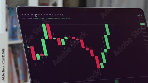 This image shows a close-up of a laptop screen displaying a candlestick chart on a trading platform
