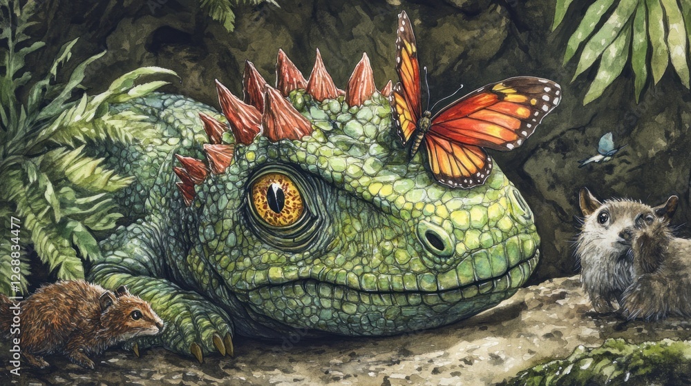 A vibrant illustration of a large lizard resting with a butterfly on its head amidst nature. A vibrant illustration of a large lizard resting with a butterfly on its head amidst nature.