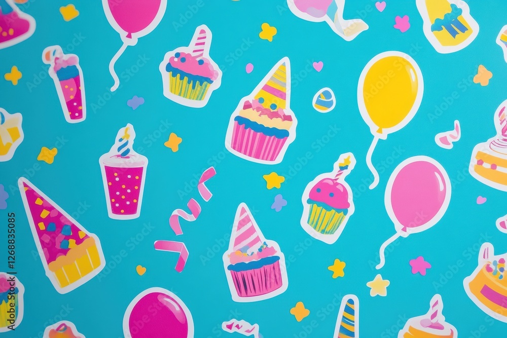 Colorful festive stickers featuring balloons, party hats, cakes, and confetti for celebrations and happy occasions. Generative AI Colorful festive stickers featuring balloons, party hats, cakes, and confetti for celebrations and happy occasions. Generative AI