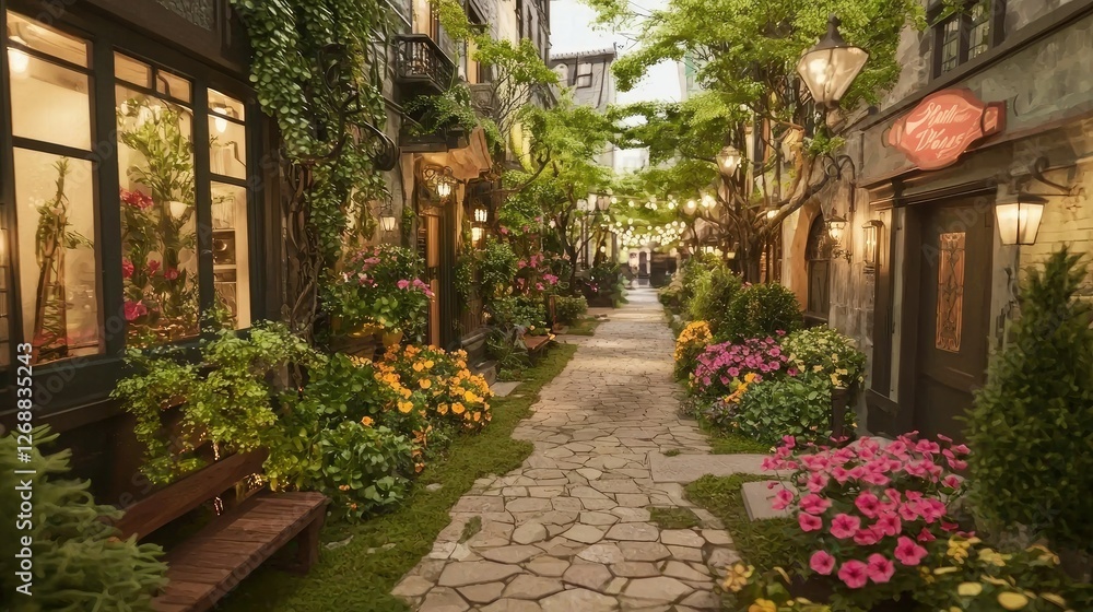 Naklejka premium Charming European-Style Alleyway with Blooming Flowers and Cobblestone Path