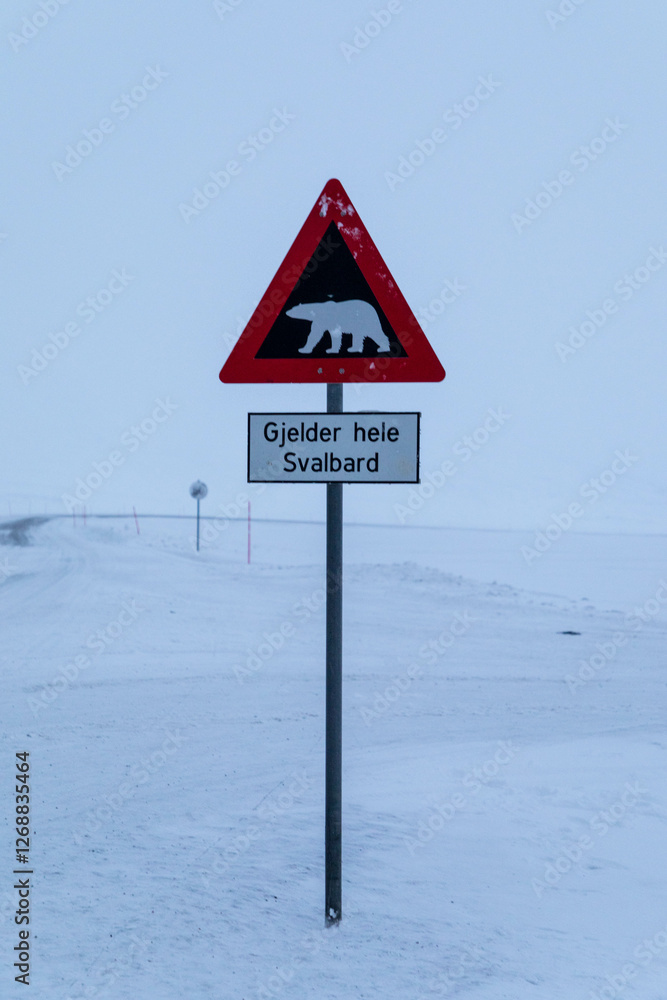 Svalbard, Spitzbergen: Caution, polar bear traffic sign Svalbard, Spitzbergen: Caution, polar bear traffic sign