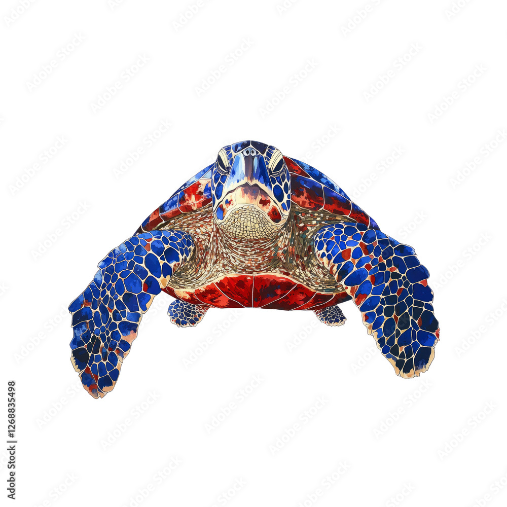 Majestic Sea Turtle in Vibrant Blue, Red, and Gold Hues - Underwater Wildlife Art Majestic Sea Turtle in Vibrant Blue, Red, and Gold Hues - Underwater Wildlife Art