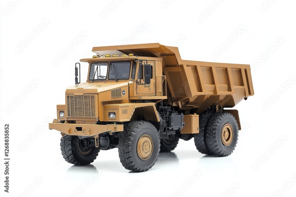 Tan dump truck model, studio shot, white background, toy Tan dump truck model, studio shot, white background, toy