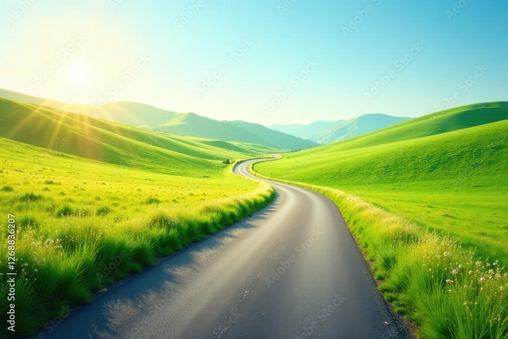 Serene Winding Road Through Lush Green Hills Under a Bright Sunny Sky Serene Winding Road Through Lush Green Hills Under a Bright Sunny Sky