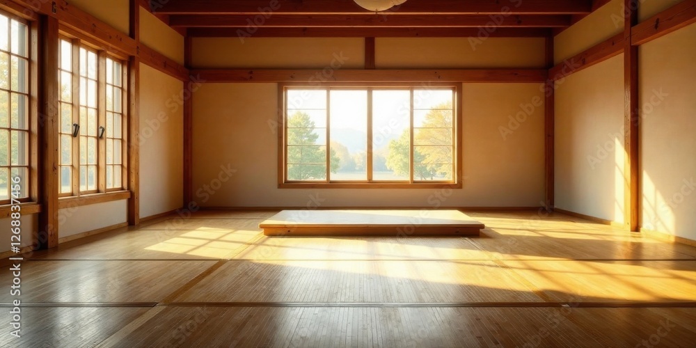 Fototapeta premium Serene Minimalist Room with Sunlight Streaming Through Large Windows and a Simple Wooden Platform