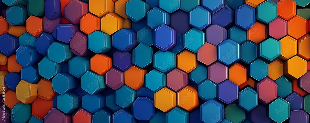 A vibrant and colorful arrangement of hexagonal shapes in shades of blue, orange, and purple A vibrant and colorful arrangement of hexagonal shapes in shades of blue, orange, and purple