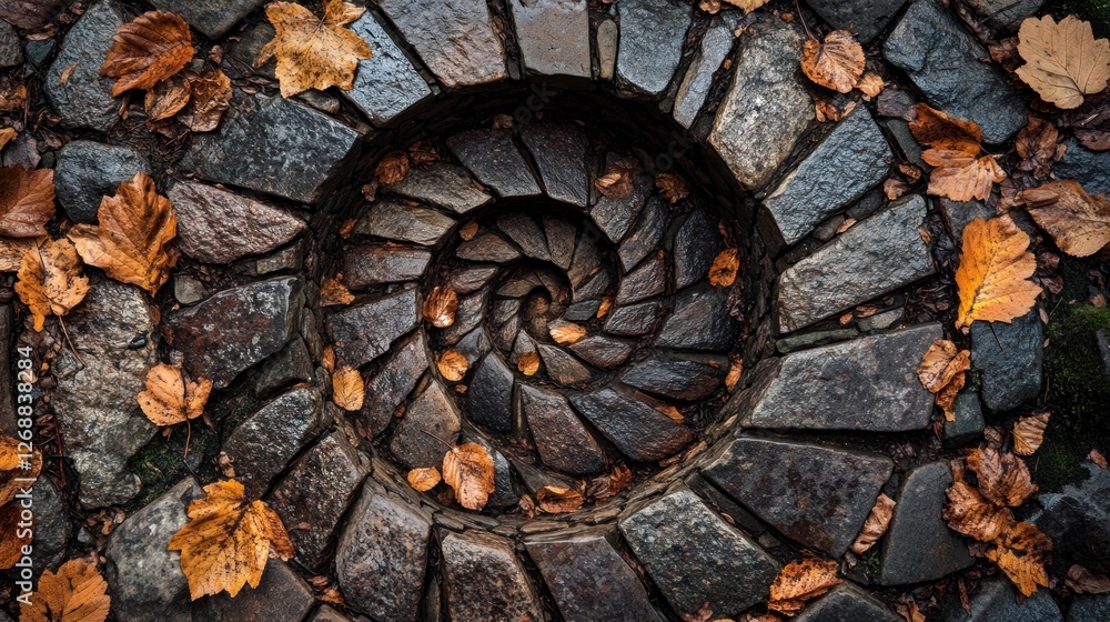A spiral stone pathway surrounded by autumn leaves, showcasing nature's beauty and design. A spiral stone pathway surrounded by autumn leaves, showcasing nature's beauty and design.