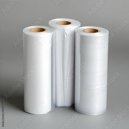 Three rolls of plastic wrap on grey background, packaging supplies