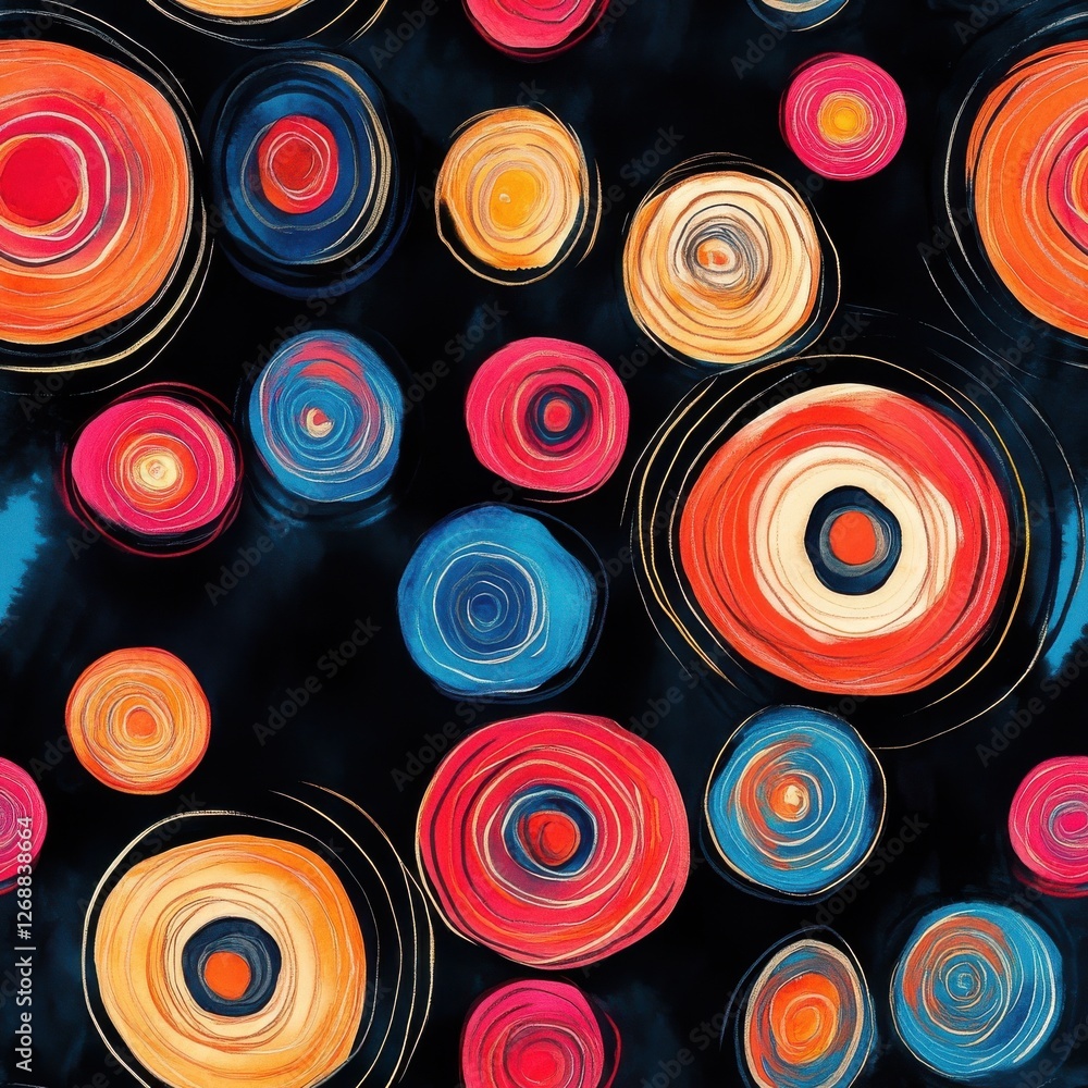 Fototapeta premium Vibrant watercolor doodles of colorful circles on a dark background capturing the essence of playful creativity