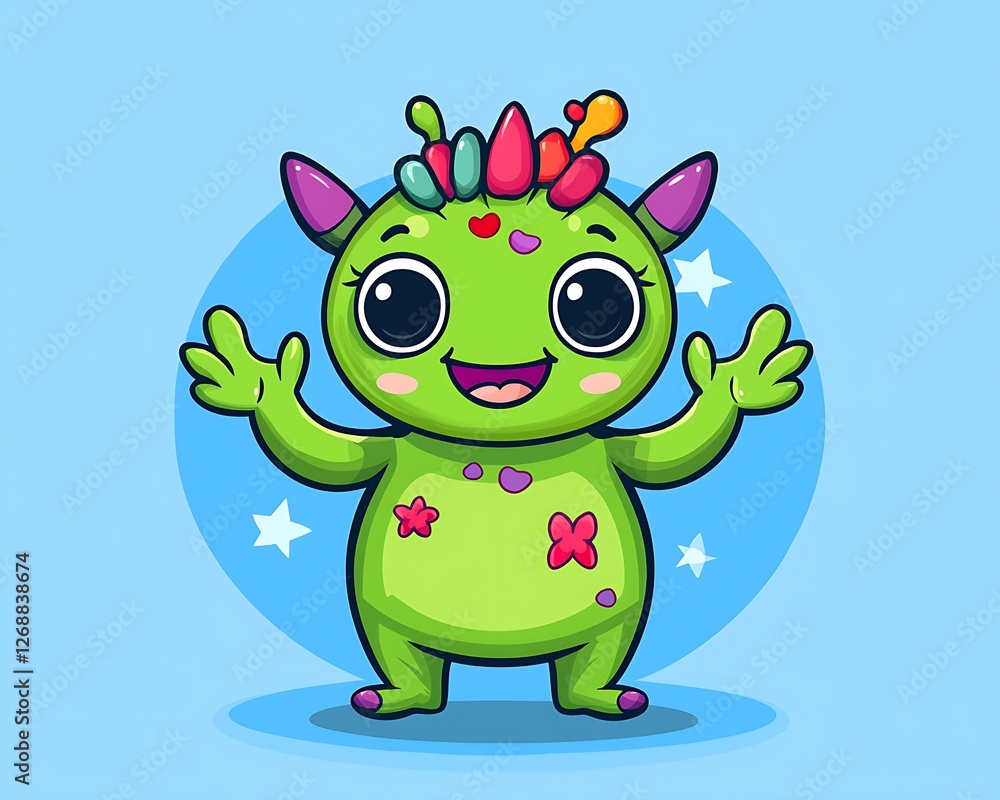 Cute Colorful Green Monster Character with Playful Expression Cute Colorful Green Monster Character with Playful Expression