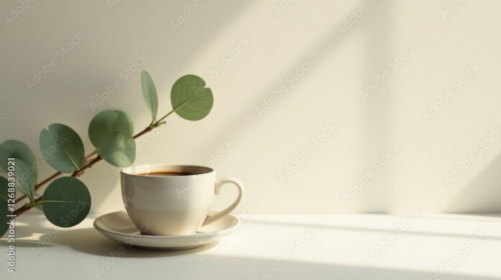 A serene morning scene featuring a cup of coffee and a sprig of eucalyptus, bathed in soft sunlight, creating a peaceful and calming atmosphere. A serene morning scene featuring a cup of coffee and a sprig of eucalyptus, bathed in soft sunlight, creating a peaceful and calming atmosphere.