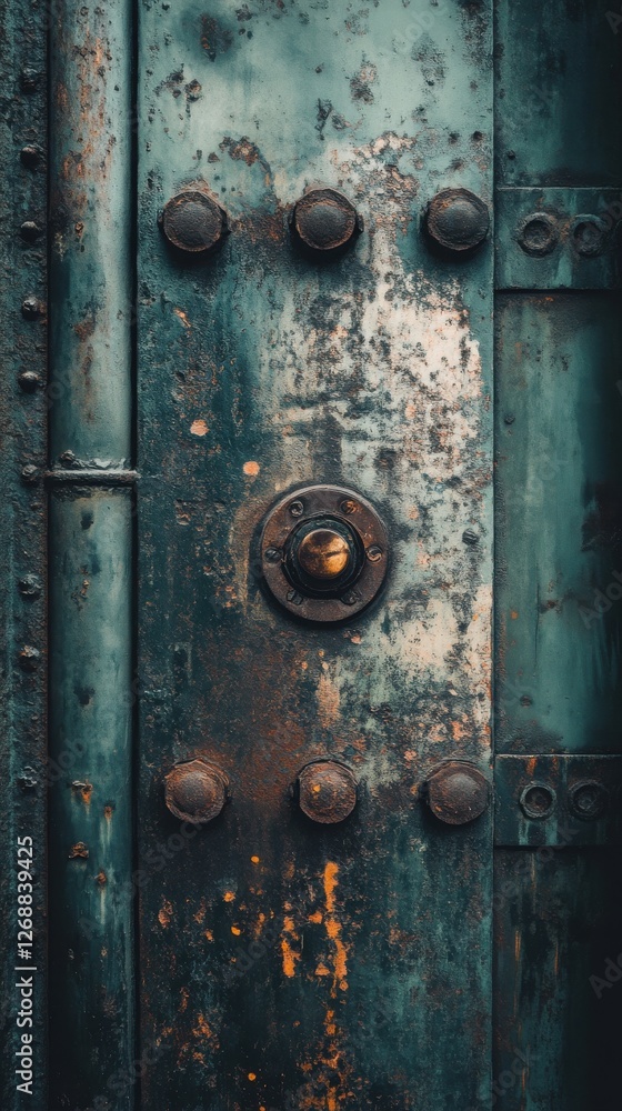 Tarnished metal surface displaying hues of muted green with prominent rivets and a central knob in an industrial setting Tarnished metal surface displaying hues of muted green with prominent rivets and a central knob in an industrial setting