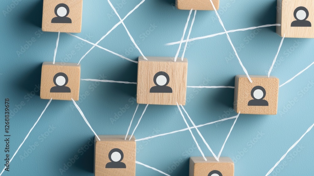 A network of wooden blocks with user icons connected by white lines, symbolizing social interactions and relationships. A network of wooden blocks with user icons connected by white lines, symbolizing social interactions and relationships.