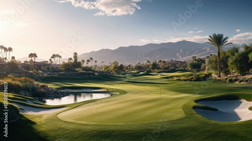 Serene Golf Course Landscape with Mountain View