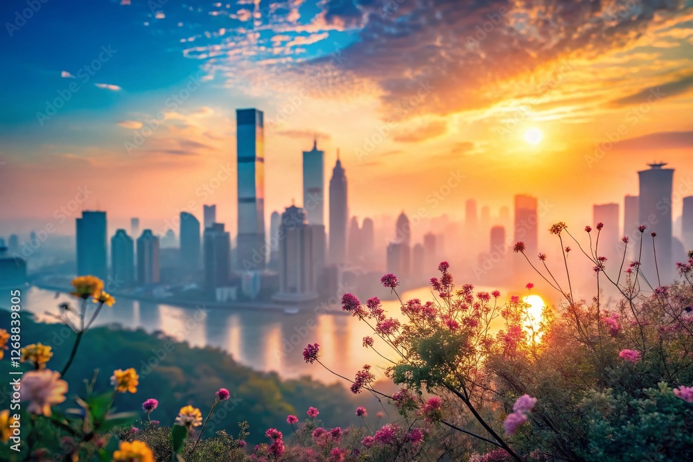 Fototapeta premium Changsha Skyline Silhouette at Dawn: Double Exposure Cityscape Stock Photo