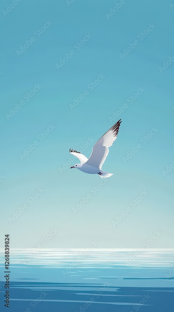 White seagull soars peacefully above the shimmering ocean White seagull soars peacefully above the shimmering ocean