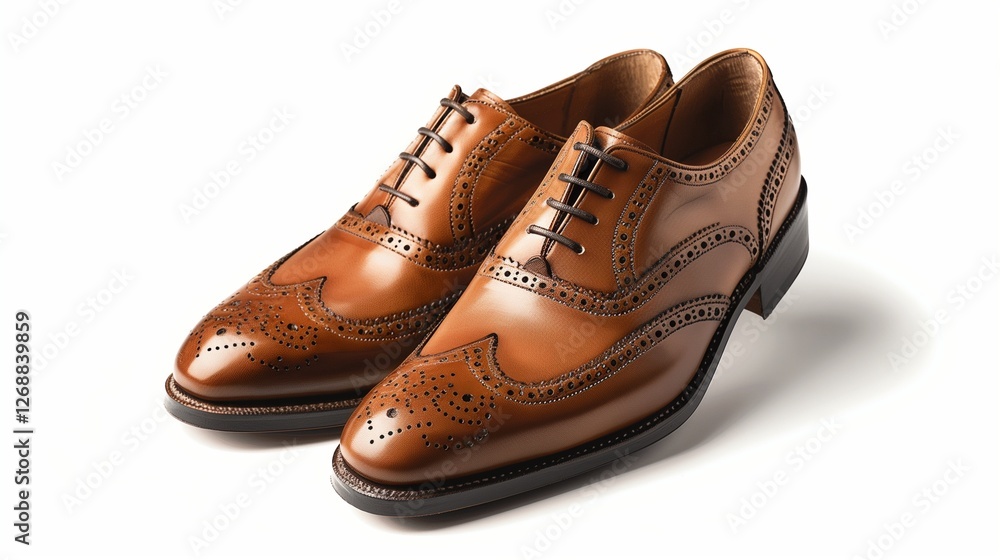 A pair of classic wingtip dress shoes with fine stitching, isolated against a pure white surface, captured in crisp high resolution. A pair of classic wingtip dress shoes with fine stitching, isolated against a pure white surface, captured in crisp high resolution.