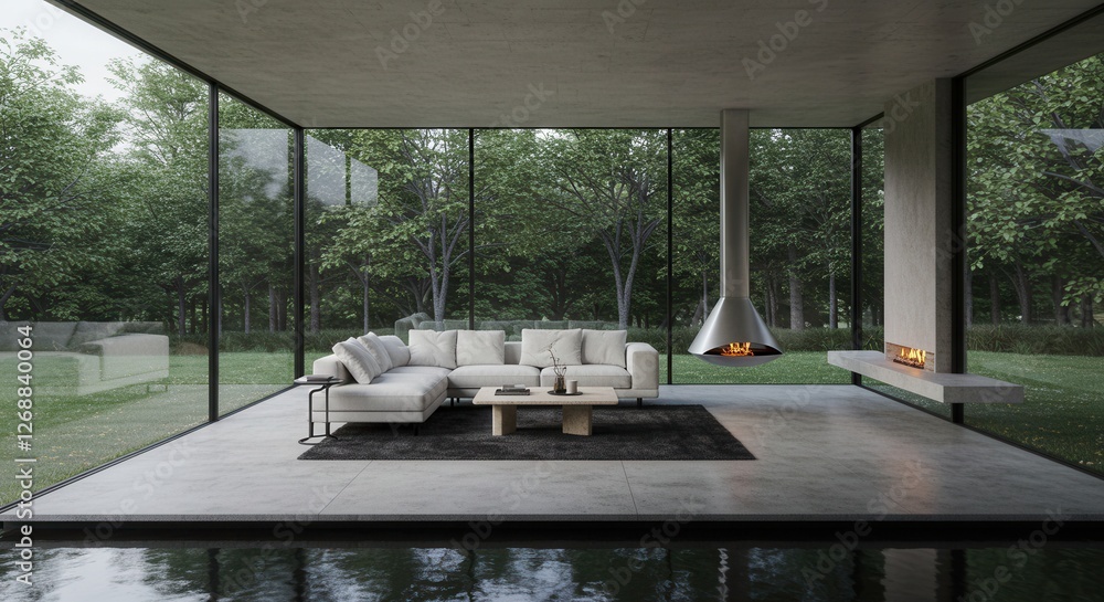 Fototapeta premium Modern Living Room with Fireplace and Nature View Interior Design