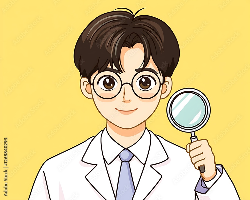 Young Male Scientist Holding Magnifying Glass with Yellow Background Young Male Scientist Holding Magnifying Glass with Yellow Background