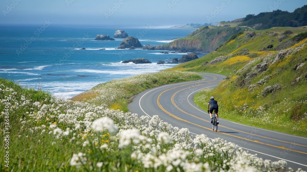 Cyclist enjoying a scenic ride along a winding coastal road on a sunny day Cyclist enjoying a scenic ride along a winding coastal road on a sunny day