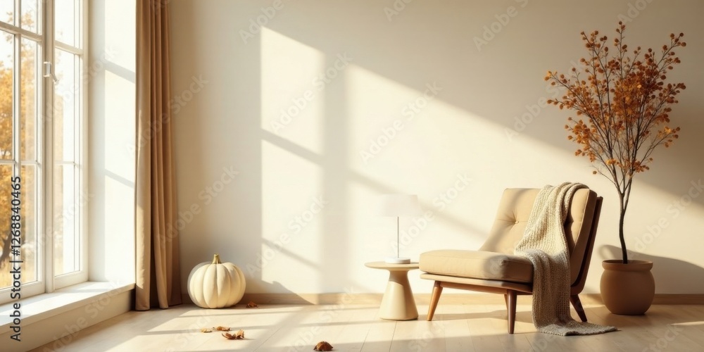 Fototapeta premium Serene autumnal living room scene with a cozy armchair, a side table, and warm sunlight streaming through a window